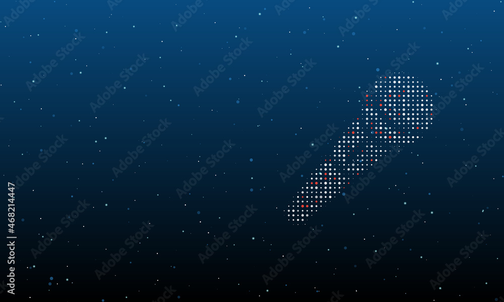 On the right is the microphone symbol filled with white dots. Background pattern from dots and circles of different shades. Vector illustration on blue background with stars On the right is the microphone symbol filled with white dots. Background pattern from dots and circles of different shades. Vector illustration on blue background with stars