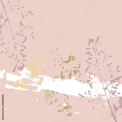 Abstract botanical background with realistic plants, paint strokes and golden texture. Isolated shapes under clipping mask for easy editing. Pastel colored creative vector template