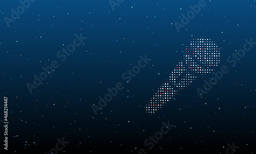 On the right is the microphone symbol filled with white dots. Background pattern from dots and circles of different shades. Vector illustration on blue background with stars
