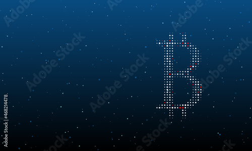 On the right is the bitcoin symbol filled with white dots. Background pattern from dots and circles of different shades. Vector illustration on blue background with stars