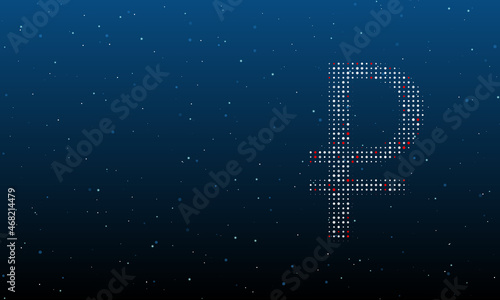 On the right is the ruble symbol filled with white dots. Background pattern from dots and circles of different shades. Vector illustration on blue background with stars