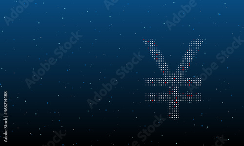 On the right is the yuan symbol filled with white dots. Background pattern from dots and circles of different shades. Vector illustration on blue background with stars