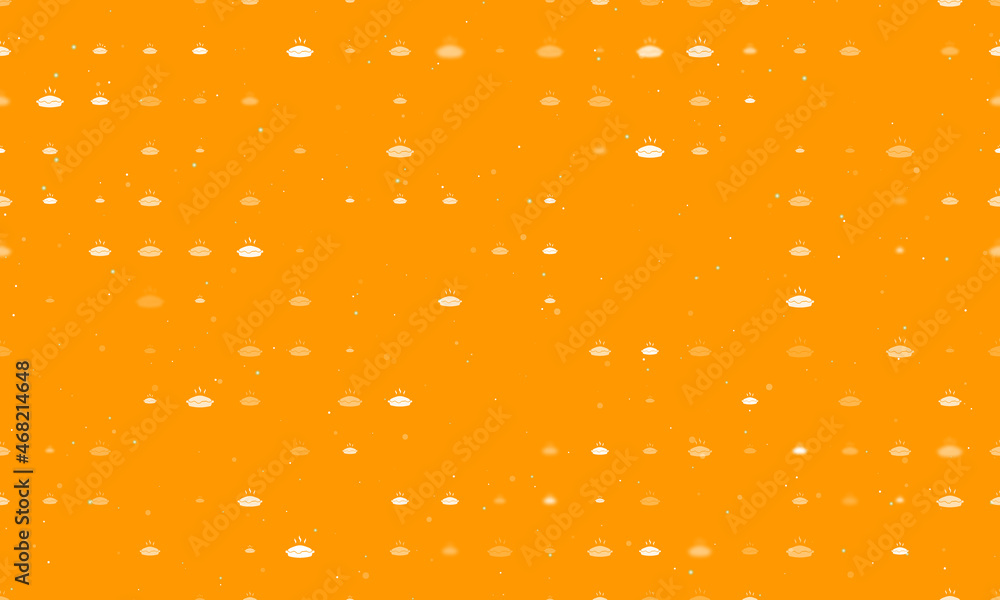 Seamless background pattern of evenly spaced white hot pie symbols of different sizes and opacity. Vector illustration on orange background with stars