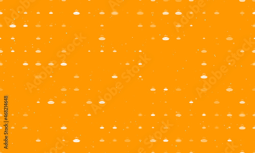 Seamless background pattern of evenly spaced white hot pie symbols of different sizes and opacity. Vector illustration on orange background with stars
