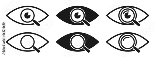 Set of magnifier icons with eye icons. Magnifying glass, eye. Eye care symbols. Vector.