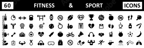 Set of 60 fitness and sport icons, gym. Fitness and sport black icons. Vector illustration.