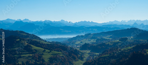 Panoramic view from the top of Hoernli in Cantone Zurich on a sunny autumn afternoon