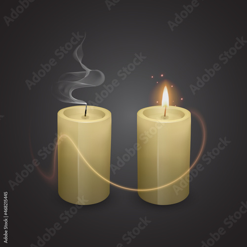 Realistic paraffin or wax burning party candle and different flame of a candle icon set closeup isolated on transparency grid background. Design template, Vector format