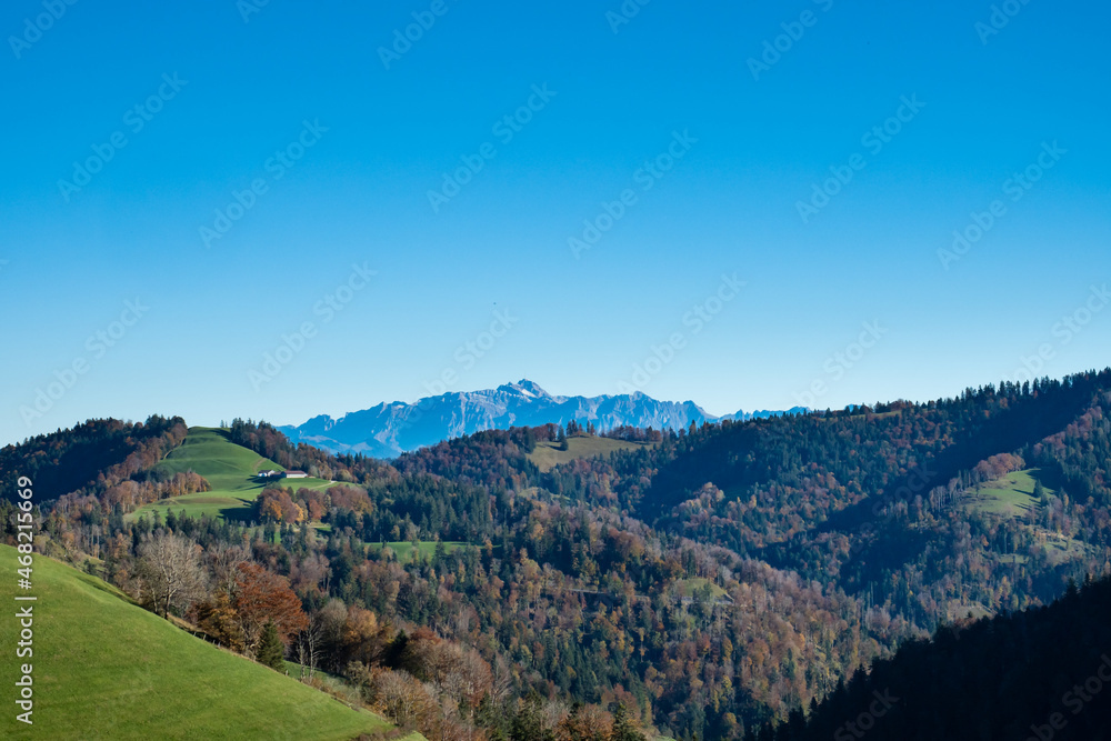 Panoramic view from the top of Hoernli in Cantone Zurich on a sunny autumn afternoon