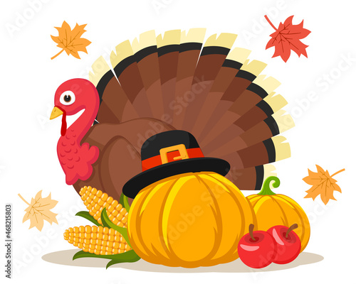 Bird turkey with harvest and autumn leaves, character. Thanksgiving Day