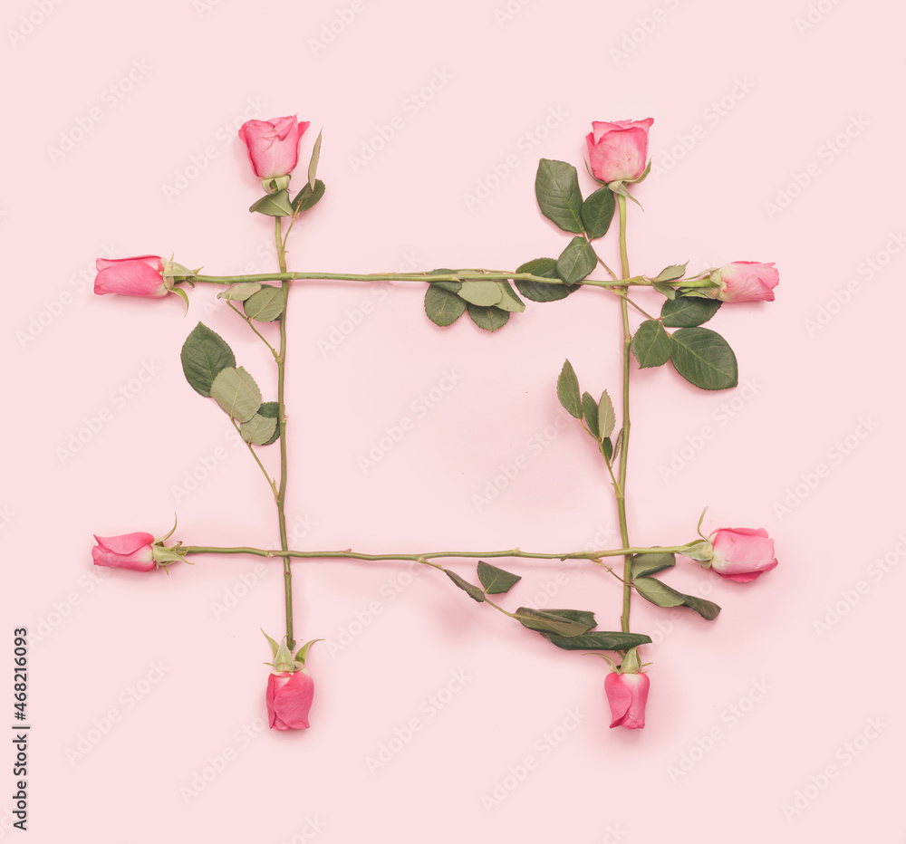 Obraz premium Lovely frame made of beautiful and fresh Roses inspired concept. Top view arrangement made of roses against baby pink background.