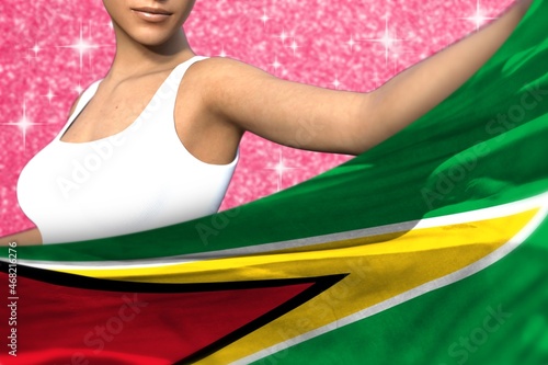 beautiful lady holds Guyana flag in front on the red shining sparks background - flag concept 3d illustration