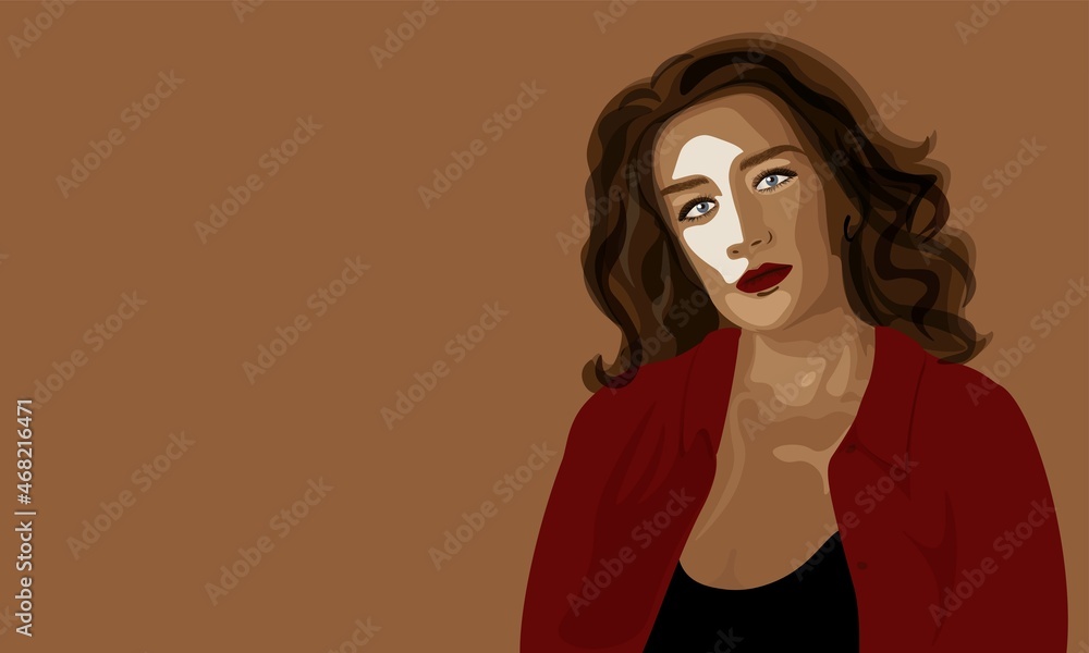 A beautiful brunette with a white spot on her face - vitiligo pigmentation. Detailed flat vector portrait of a woman. Variety is another beauty. Body positive. Vector banner girl diverse. A beautiful brunette with a white spot on her face - vitiligo pigmentation. Detailed flat vector portrait of a woman. Variety is another beauty. Body positive. Vector banner girl diverse.