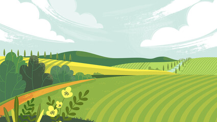 Acrylglasbilder Pistache Countryside landscape with field, trees, grass and sky. Background of a sunny summer day in the village. Meadow vector flat style illustration. Green landscape with yellow fields. Lovely rural nature.  © Holovei
