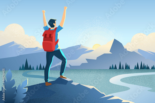 Man on the top of the mountain. Winner concept with a hands up man. Happy tourist with a backpack. Mountains landscape. Motivational stock vector background illustration. Traveler in summer rocks.