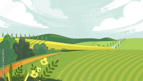 Countryside landscape with field, trees, grass and sky. Background of a sunny summer day in the village. Meadow vector flat style illustration. Green landscape with yellow fields. Lovely rural nature.