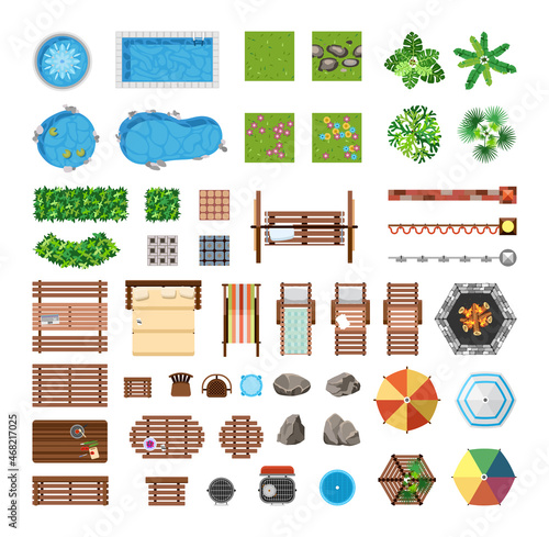 Set of items for recreation on the personal plot. Vector objects for furnishing the yard. View from above.