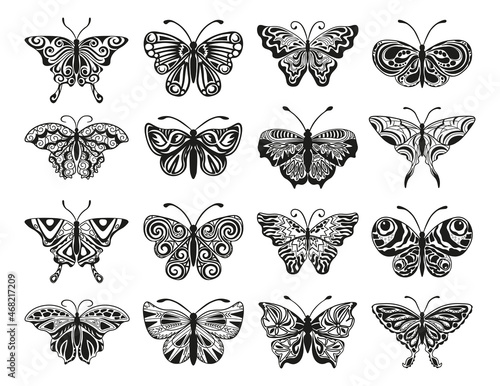 Collection of monochrome illustrations of butterflies in sketch style. Hand drawings in art ink style. Black and white graphics.