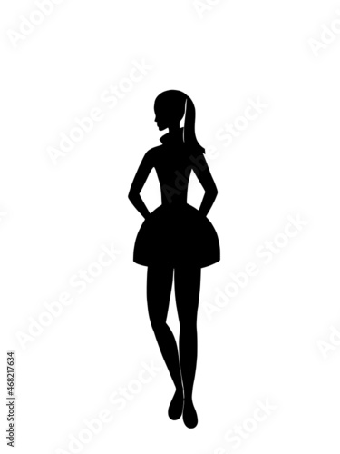 silhouette of a girl in a short dress with long hair on a white background