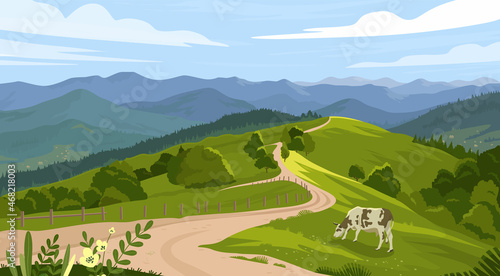 Rural landscape with field, trees, grass and cow. Ecologically clean area with blue sky, mountains. Village in the summer. Vector stock flat style illustration or background for eco products, banner.