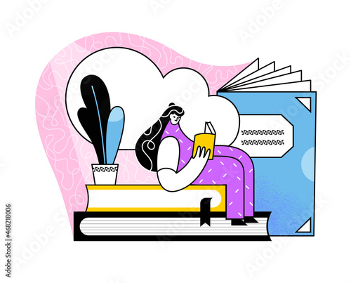 Literature fan on big book. Woman in the library reading textbook. Student preparing for exam. Book lover, modern trendy literature fans. Flat style vector illustration with reader isolated on white.
