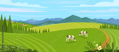 Rural landscape with field, trees, grass and cows. Ecologically clean area with blue sky and clouds. Village in the summer. Vector stock flat style illustration or background for eco products, banner.