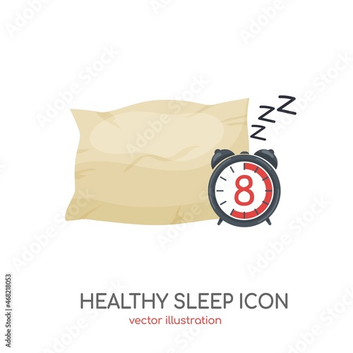 Good healthy sleep icon made of alarm clock, pillow. Biological rhythms concept. Vector illustration for web, apps, logo