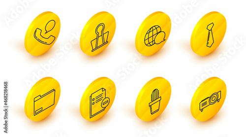 Set line Presentation, film, media projector, Cactus and succulent in pot, Document with minus, folder, Tie, World map made from speech bubble, Binder clip and Telephone handset chat icon. Vector