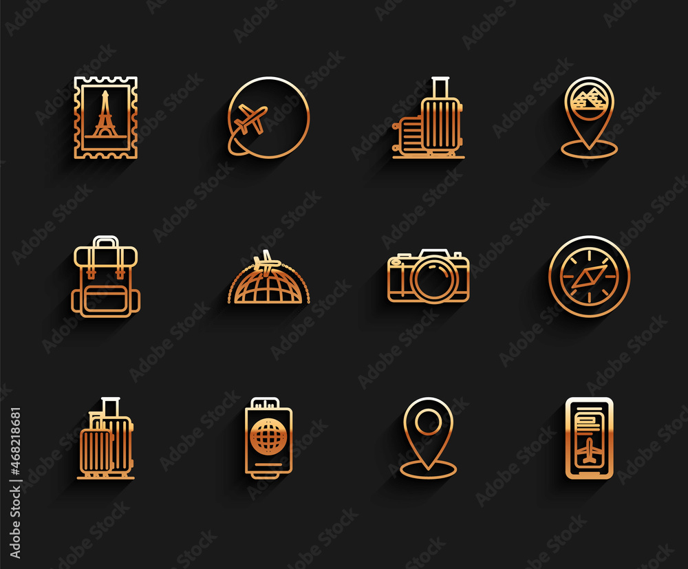 Set line Suitcase for travel, Passport with ticket, Postal stamp and Eiffel tower, Map pin, Smartphone electronic boarding pass airline, Globe flying plane, Compass and Photo camera icon. Vector Set line Suitcase for travel, Passport with ticket, Postal stamp and Eiffel tower, Map pin, Smartphone electronic boarding pass airline, Globe flying plane, Compass and Photo camera icon. Vector