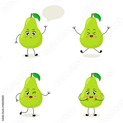 Cute set of pear character in different poses and emotion. Funny fruit character in cartoon style. Vector illustration isolated on a white background.