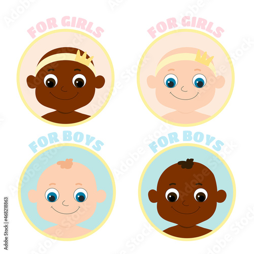Baby boy and girl icons set. Children of African, African American and European races and text For boys and For girls. Illustration in cartoon style in gentle pastel colors.