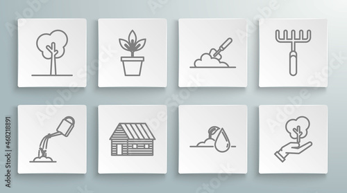 Set line Watering can with water, Flowers pot, Farm house, sprout, Tree hand of environmental protection, Garden trowel spade or shovel the ground, rake and icon. Vector