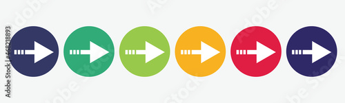 6 button circles set with right arrow icon in various colors. Vector illustration.