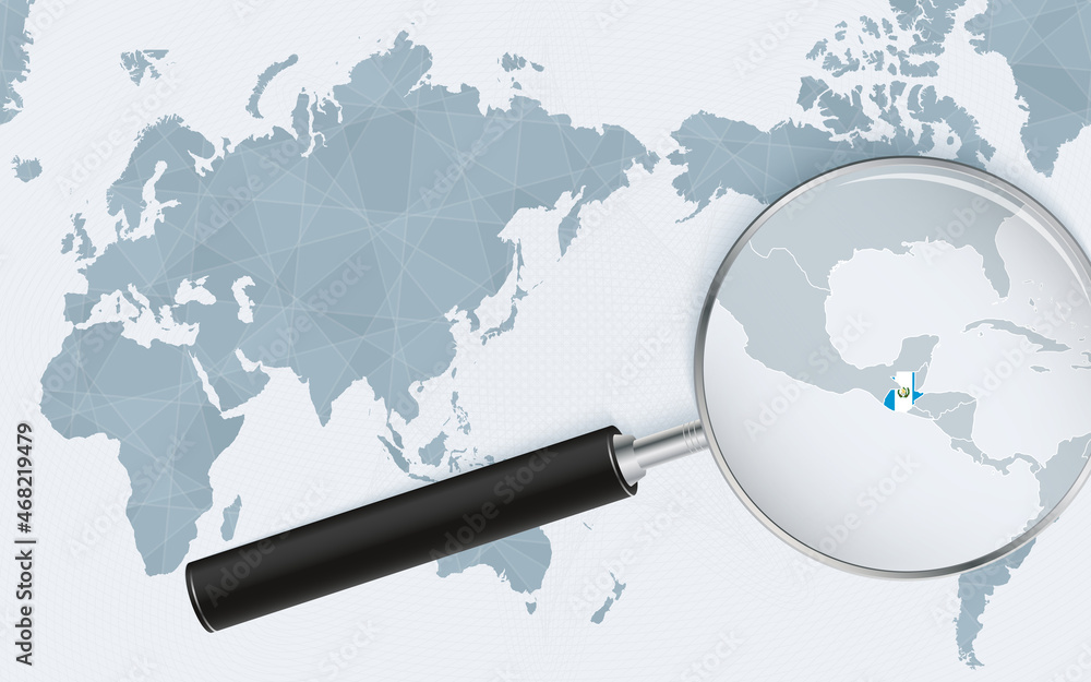 Asia centered world map with magnified glass on Guatemala. Focus on map of Guatemala on Pacific-centric World Map. Asia centered world map with magnified glass on Guatemala. Focus on map of Guatemala on Pacific-centric World Map.