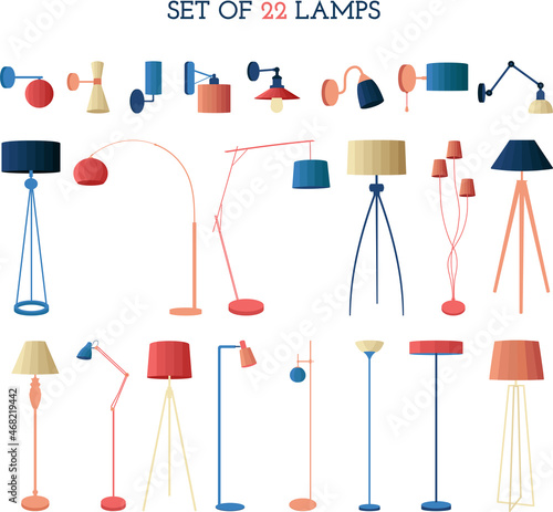 Lamps of various types, set. Vector illustration in flat style