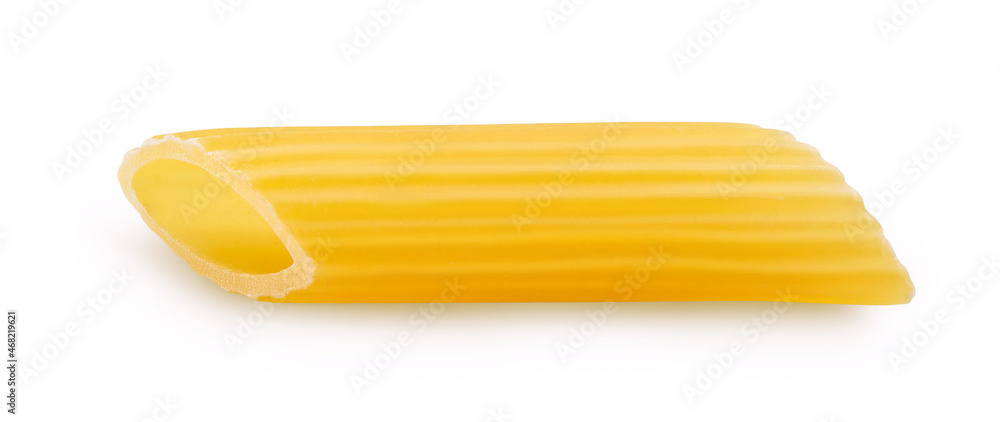Raw italian penne rigate pasta isolated on white background with clipping path and full depth of field