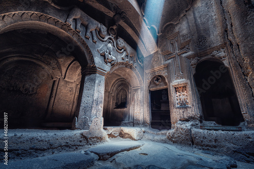 Fotografie, Obraz Interior of the famous Geghard Monastery and church carved into the rock