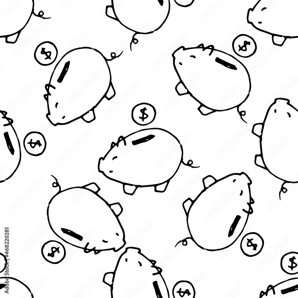 a pattern from a piggy bank with a coin. a seamless pattern from a doodle-style, small piggy bank, an isolated black contour is often located on a white a pattern from a piggy bank with a coin. a seamless pattern from a doodle-style, small piggy bank, an isolated black contour is often located on a white