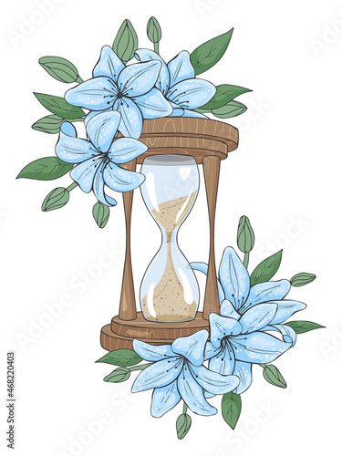 hand drawn color sketch hourglass with flowers. Vector illustration. Isolated on white. Tattoo, line art.