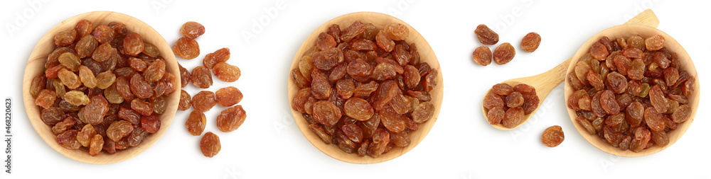 Brown raisin isolated on white background with clipping path. Top view. Flat lay. Set or collection Brown raisin isolated on white background with clipping path. Top view. Flat lay. Set or collection