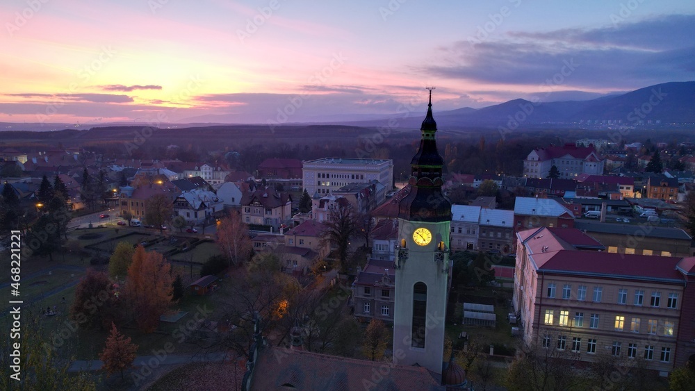 panorama at sunset, church tower