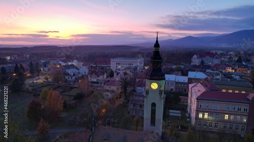 panorama at sunset, church tower