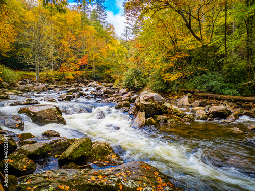 Fototapeta Naklejka Na Ścianę i Meble -  Fall color around small waterfals in the Cullasaja River in Nantahala National Forest between Franklin and Highlands North Carolina USA