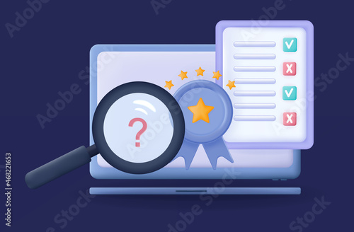 3d survey online. Searching questions and answers quiz on the laptop screen. Digital exam or online test with winner results and review. Electronic checklist and award, paper survey. Vector