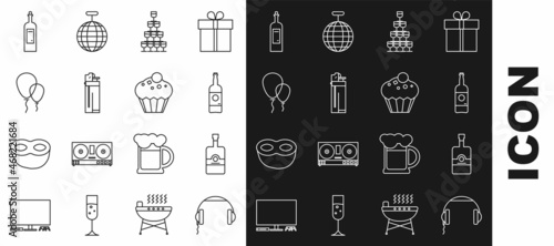 Set line Headphones, Whiskey bottle, Beer, Wine glasses stacked in pyramid tower, Lighter, Balloons with ribbon, Bottle of wine and Muffin icon. Vector