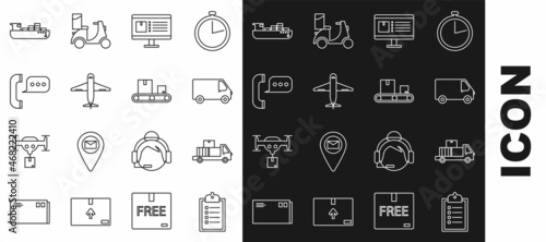 Set line Verification of delivery list clipboard, cargo vehicle, Computer monitor app tracking, Plane, Telephone speech bubble chat, Cargo ship service and Conveyor belt icon. Vector