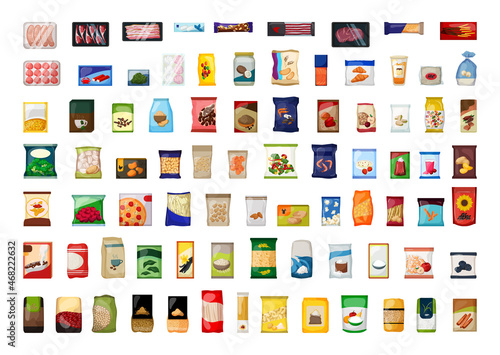 A collection of food packaging in a detailed style.