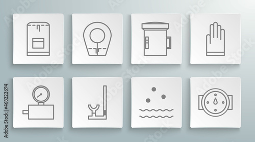Set line Gauge scale, Diving hood, Snorkel, Cold and waves, Wind rose, Big flashlight for diver, Gloves and Backpack icon. Vector