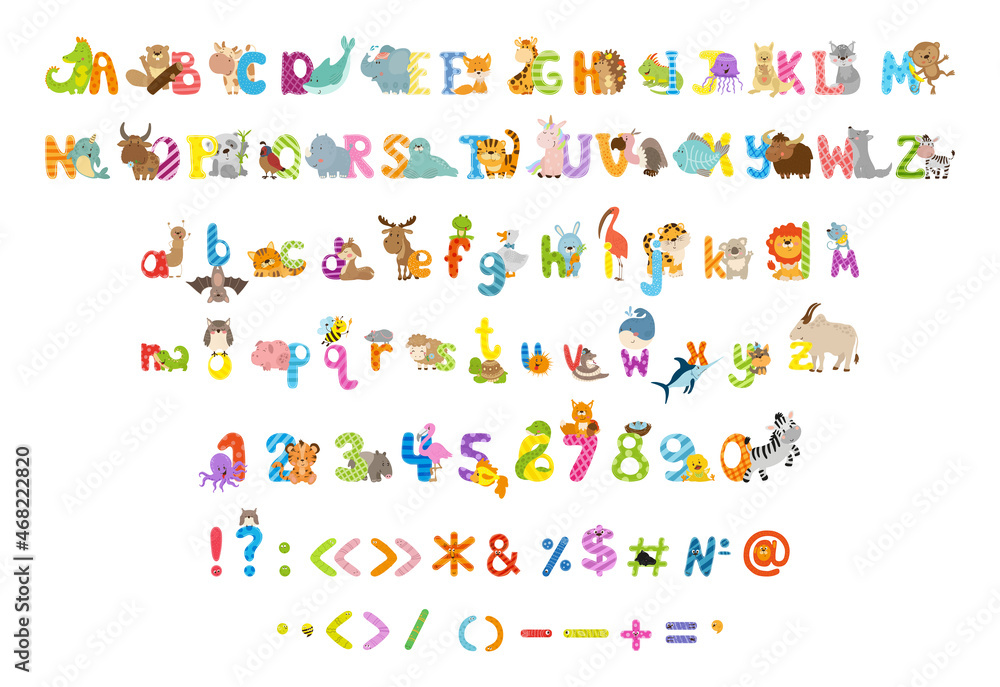 Collection of letters, numbers and punctuation marks with animals. Colorful alphabet for children.