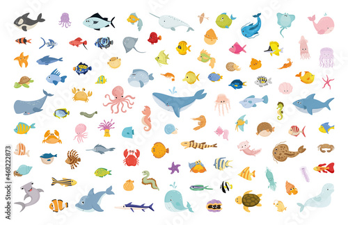 Vector collection of cute cartoon marine animals. Characters for children's books, cards, stickers, prints. Illustrations for kids. © Marina